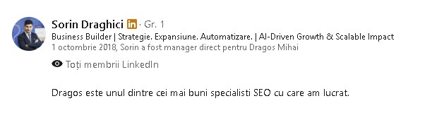Screenshot of the recommendation written by Sorin Drăghici on LinkedIn
