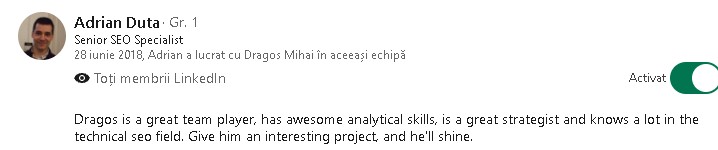 Screenshot of the recommendation written by Adrian Duță on LinkedIn