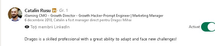 Screenshot of the recommendation written by Cătălin Rusu on LinkedIn