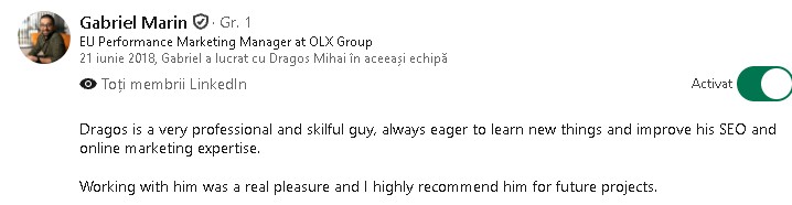 Screenshot of the recommendation written by Gabriel Marin on LinkedIn