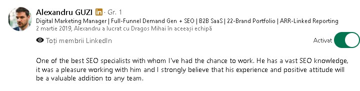 Screenshot of the recommendation written by Alexandru Guzi on LinkedIn