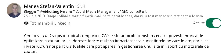 Screenshot of the recommendation written by Ștefan Manea on LinkedIn