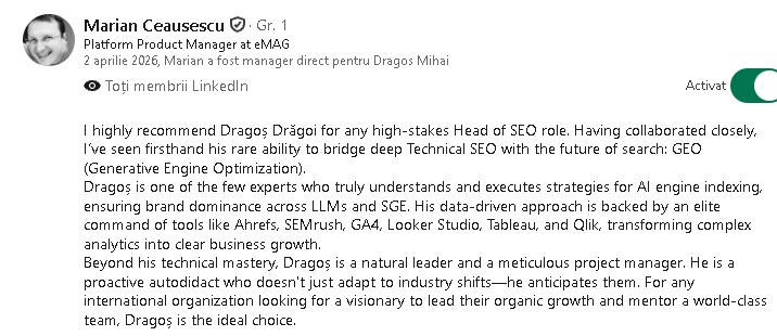 Screenshot of the recommendation written by Marian Ceaușescu on LinkedIn